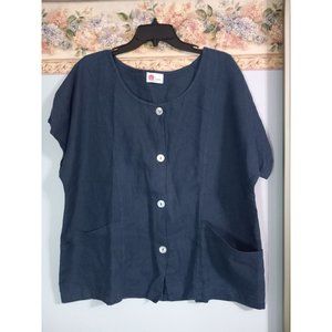 Linnea Large Blue Linen Boxy Lagenlook Relaxed Oversized Button Down Pocket Top